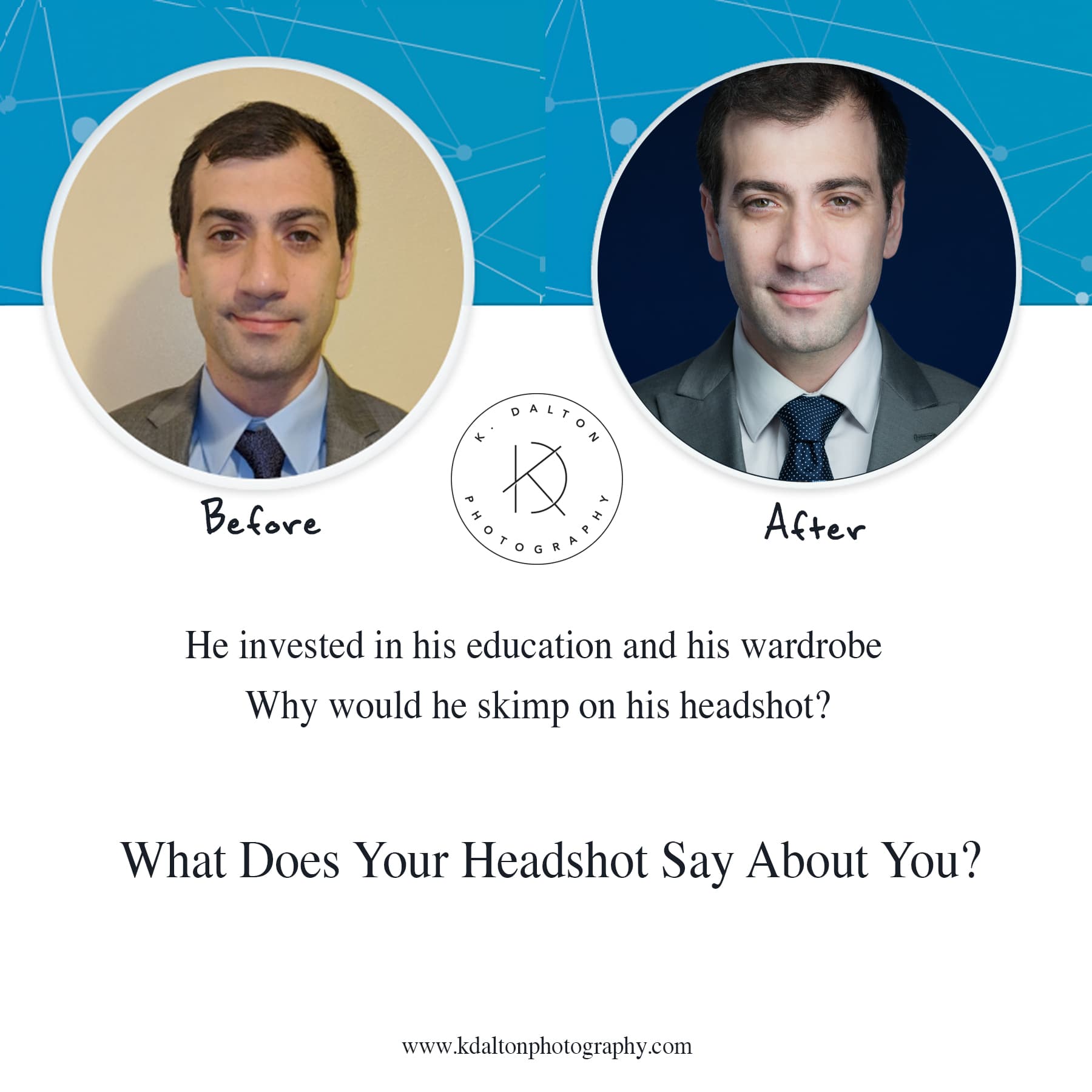 Before and after LinkedIn headshot of Anil Suzer, young man in gray suit and blue patterned tie, transformed from a dimly lit selfie to a professionally lit studio headshot on dark blue backdrop — Cincinnati headshot photographer K Dalton
