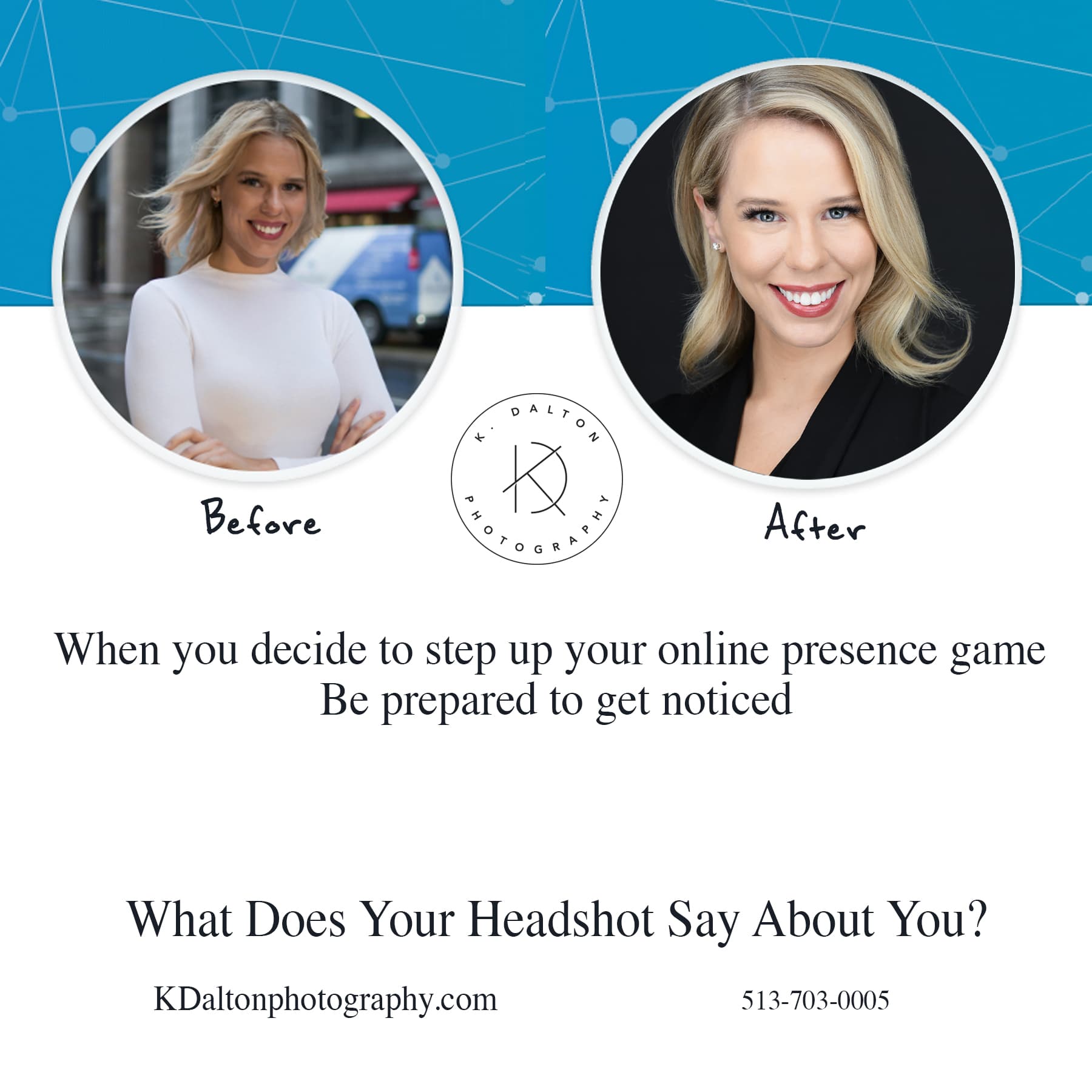 Before and after LinkedIn headshot of Carly Kidd, young blonde woman in black blazer with bright smile, transformed from a casual street photo to a polished professional studio headshot on black backdrop — Cincinnati headshot photographer K Dalton