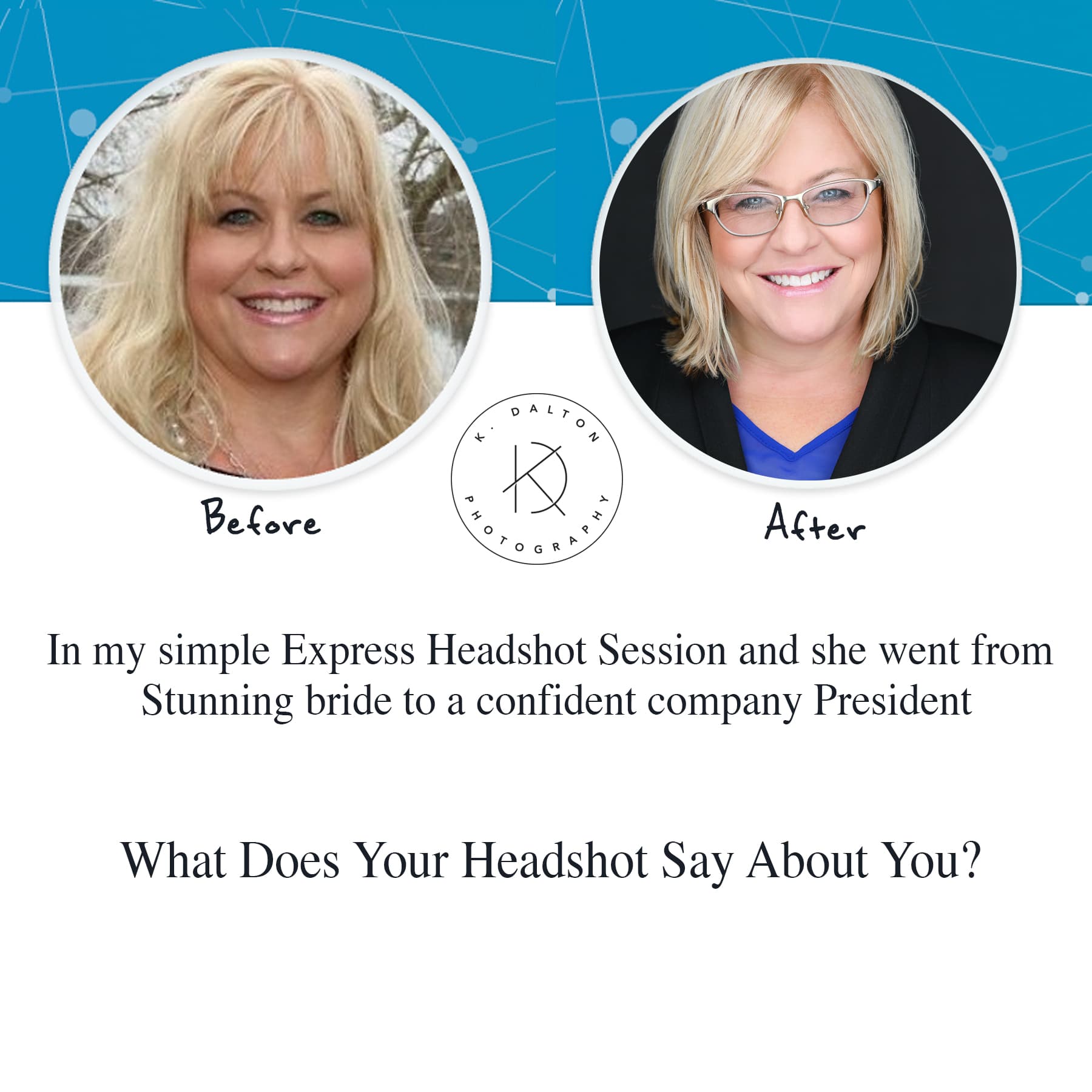 Before and after LinkedIn headshot of Christa Martin, blonde woman in black blazer and blue top with glasses, transformed from an outdoor personal photo to a confident company president studio headshot on dark backdrop — Cincinnati headshot photographer K Dalton