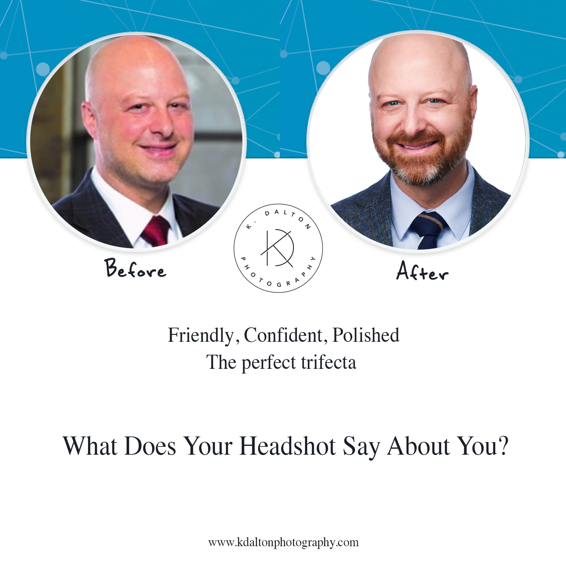 Before and after LinkedIn headshot of Ron Erdmann, bald man with red beard in dark blazer and striped tie, transformed from a casual office photo to a confident, polished studio headshot on gray backdrop — Cincinnati headshot photographer K Dalton