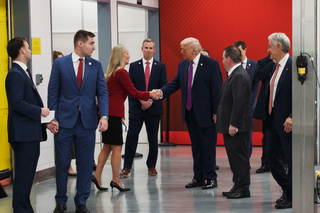 President Donald Trump greeting executives and shaking hands at corporate facility tour — Cincinnati event photographer K Dalton